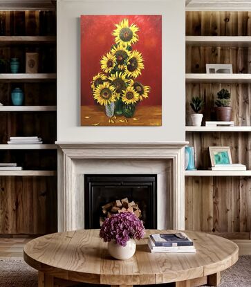 All sunflowers owe a homage and reflection back to Vincent Van Gogh, and I believe in terms of brightness and joyfulness, Vincent would be proud of this painting.
Painted on a 40mm wide stretch canvas and painted fully around the sides so no external picture frame is needed, it is a statement piece for any room.