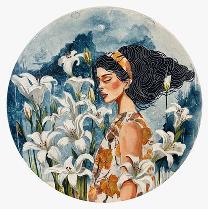 Girl with closed eyes profile surrounded by white lilies