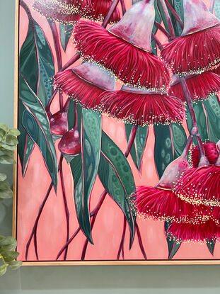 Red Silver princess flowering gum blossoms against a blush pink background and green patterned leaves