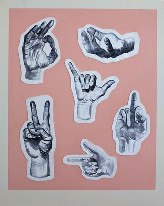 A pink and grey painting featuring illustrated hands in various positions