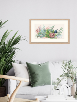  Blue wren perched in wildflowers including pink protea, leaves and blue gum leaves