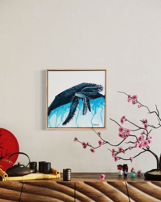 Humpback whale and calf with abstract background 