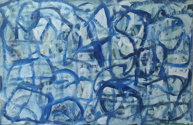 Abstract expressionism in blue gestural mark-making.