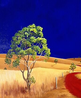 Australian landscape with dark blue sky and gold and yellow highlighted hills and foreground, an orange red road leads out of the painting with trees scatterd throughout,  Lucinda Leveille, original artwork