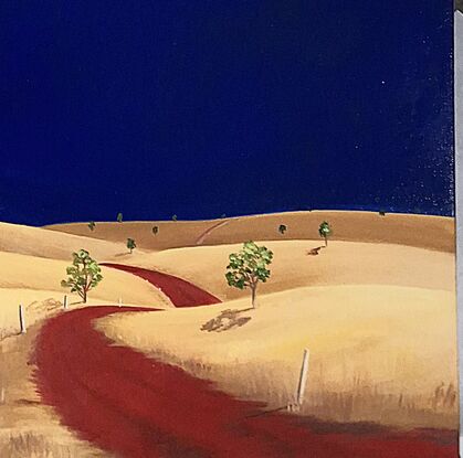 Australian landscape with dark blue sky and gold and yellow highlighted hills and foreground, an orange red road leads out of the painting with trees scatterd throughout,  Lucinda Leveille, original artwork