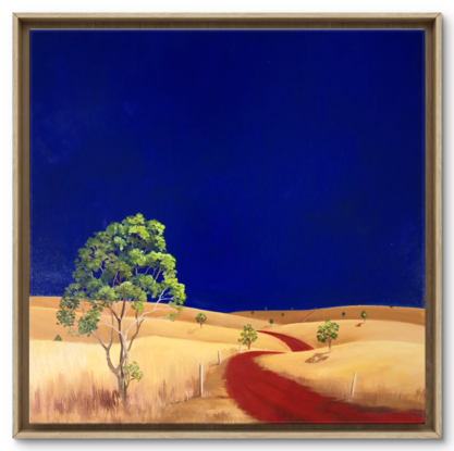 Australian landscape with dark blue sky and gold and yellow highlighted hills and foreground, an orange red road leads out of the painting with trees scatterd throughout,  Lucinda Leveille, original artwork