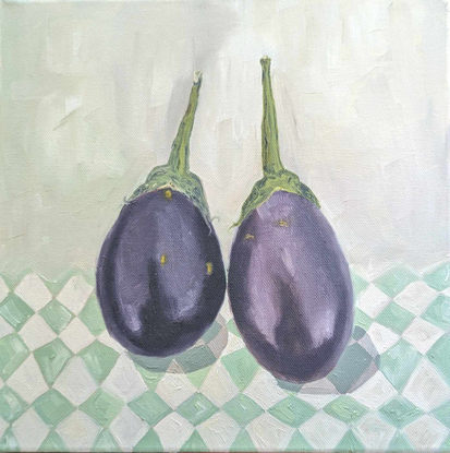 Eggplants on green and white check