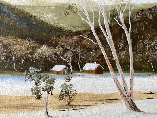 Snow mountain gumtrees forest and cabin