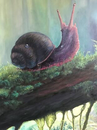 A painting of a snail crawling across a branch, with a forest scene as the background. 