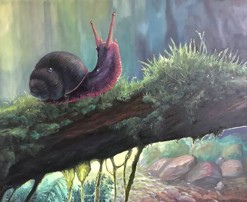 A painting of a snail crawling across a branch, with a forest scene as the background. 