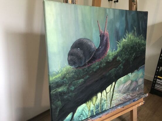 A painting of a snail crawling across a branch, with a forest scene as the background. 