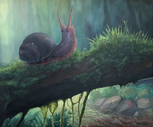 A painting of a snail crawling across a branch, with a forest scene as the background. 