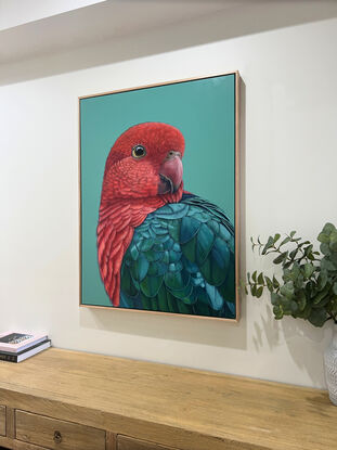 A portrait of a male King Parrot looking over his shoulder. His plumage is vibrant red and greens/ blues and the background is a vibrant jade green.