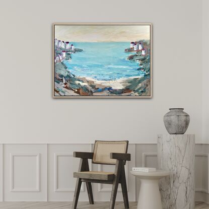 Semi- abstract Seascape with white houses cliffside by the sea.