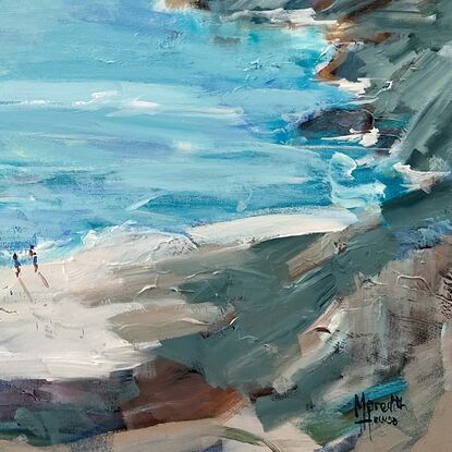 Semi- abstract Seascape with white houses cliffside by the sea.