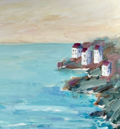 Semi- abstract Seascape with white houses cliffside by the sea.