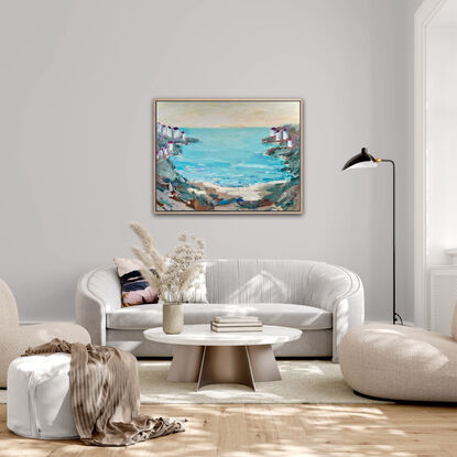 Semi- abstract Seascape with white houses cliffside by the sea.