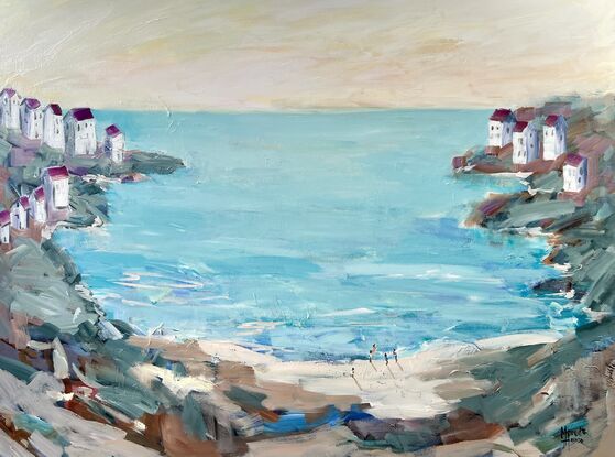 Semi- abstract Seascape with white houses cliffside by the sea.