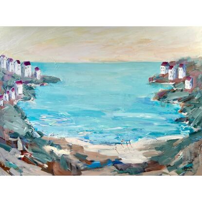 Semi- abstract Seascape with white houses cliffside by the sea.