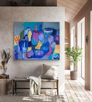 A playful, cheeky, colorful meaningful mixed media large abstract painting 