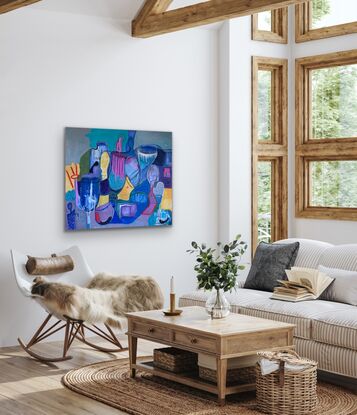 A playful, cheeky, colorful meaningful mixed media large abstract painting 