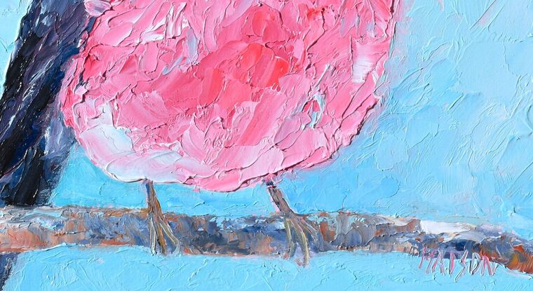 Textured oil painting of a native Australian bird, the Rose Robin, perched on a twig. The bird has a grey head and back feathers and a rose pink feathered chest. The background is sky blue.