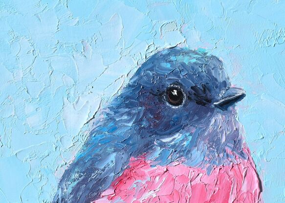 Textured oil painting of a native Australian bird, the Rose Robin, perched on a twig. The bird has a grey head and back feathers and a rose pink feathered chest. The background is sky blue.