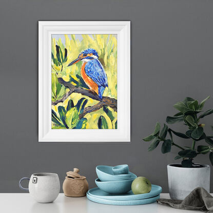 The common kingfisher in Mangrove forest – original painting by Irina Redine. Australian bird and flowers artwork framed and ready to hang, gift idea