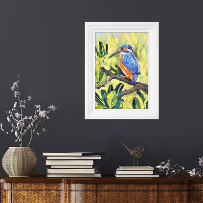 The common kingfisher in Mangrove forest – original painting by Irina Redine. Australian bird and flowers artwork framed and ready to hang, gift idea