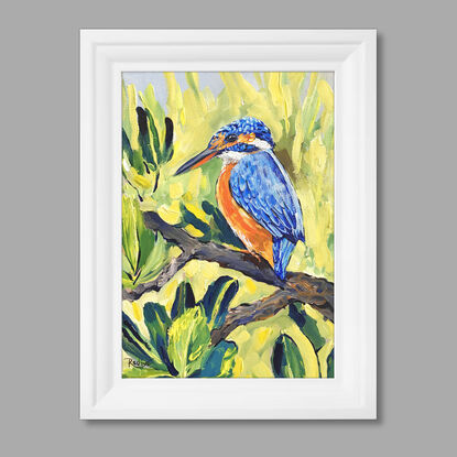 The common kingfisher in Mangrove forest – original painting by Irina Redine. Australian bird and flowers artwork framed and ready to hang, gift idea