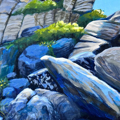 Seaside rocks and plants with blue sky