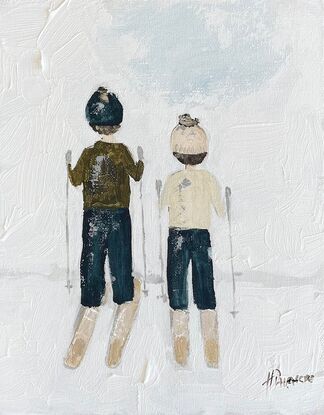 Original Figurative Painting featuring two children skiing.. Painted with a palette knife and brush on stretch canvas
