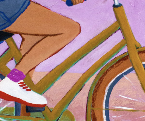 A crop of a woman riding a bike, wearing navy shorts, white shoes, pink socks and a blue and white striped t'shirt. Her shoulders and head are cropped out of the artwork. The vintage looking bike is a chartreuse colour with ochre tires, the background is a classic pink, the ground a pale peach. The artwork sits in a white floating frame.