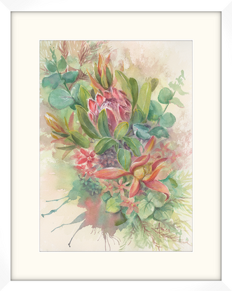 A wildflower spray consisting of a Pink Protea, Leucodendrons, Eucalyptus leaves, and small pink flowers.