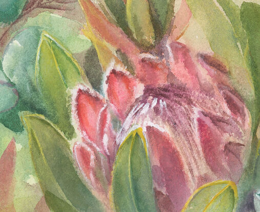 A wildflower spray consisting of a Pink Protea, Leucodendrons, Eucalyptus leaves, and small pink flowers.