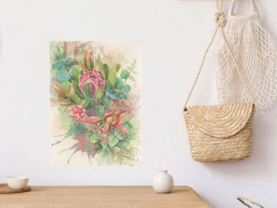 A wildflower spray consisting of a Pink Protea, Leucodendrons, Eucalyptus leaves, and small pink flowers.