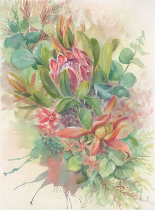 A wildflower spray consisting of a Pink Protea, Leucodendrons, Eucalyptus leaves, and small pink flowers.