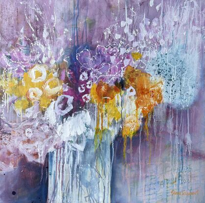 This piece is an abstract expression of a transparent vase of a generous arrangement of flowers in bright yellows, orange, pink, which and turquoise with a subtle pink background with lots of scribbles, marks and drips. 