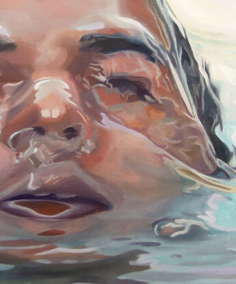 
This artwork by Tom Gibbs features a close-up portrait of a person partially submerged in water. The face, seen at eye level with the water, is serene and peaceful, with closed eyes and relaxed features. The water around the face ripples gently, distorting and reflecting light in a way that creates a mesmerizing interplay of colors and shapes. The artist uses a soft palette of pastels, with shades of pink, blue, and lavender, giving the painting a calming, dreamlike quality. The surface of the water and the subtle reflections on the skin are rendered with meticulous detail, emphasizing the tranquil and immersive nature of the scene. This painting evokes themes of tranquility, introspection, and the soothing embrace of water.