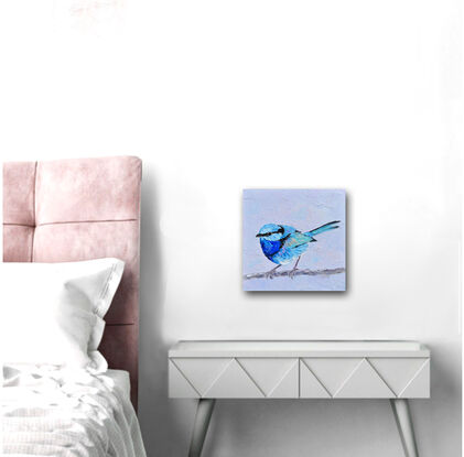 Textured oil painting of a native Australian bird, the Splendid Fairy Wren, perched on a twig. The bird has a light blue head with a black stripe and a light and dark blue feathered chest. The background is sky blue.