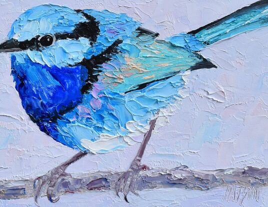 Textured oil painting of a native Australian bird, the Splendid Fairy Wren, perched on a twig. The bird has a light blue head with a black stripe and a light and dark blue feathered chest. The background is sky blue.