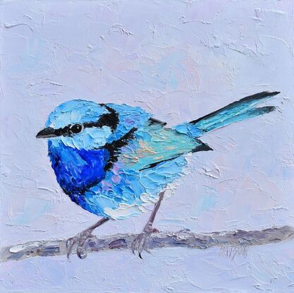 Textured oil painting of a native Australian bird, the Splendid Fairy Wren, perched on a twig. The bird has a light blue head with a black stripe and a light and dark blue feathered chest. The background is sky blue.