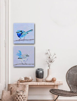 Textured oil painting of a native Australian bird, the Splendid Fairy Wren, perched on a twig. The bird has a light blue head with a black stripe and a light and dark blue feathered chest. The background is sky blue.