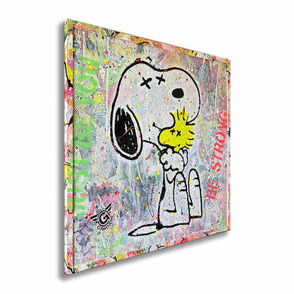 snoopy, hug, friends, never give up, acrylic painting, oil painting, love, wall art, pop art, peanuts, wall painting, artwork framed, collage, mix media, original art,