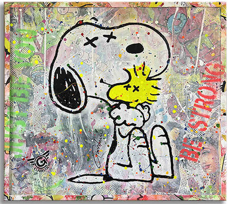 snoopy, hug, friends, never give up, acrylic painting, oil painting, love, wall art, pop art, peanuts, wall painting, artwork framed, collage, mix media, original art,