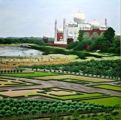 A view of manicured gardens looking across at the Yamuna River buffalo grazing and then the Taj on the lake.