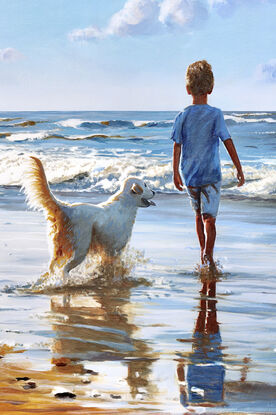 ABSTRACT painting of a child with a dog walking along a beach. could be an ocean, a lake. Peaceful, calm.  Sand is a delicious golden brown. The child is walking away from us... wearing a rshort sleeve blue tshirt. Probably a boy... could be a girl.  the dog is a golden retriever cross.