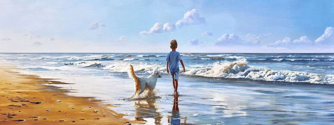 ABSTRACT painting of a child with a dog walking along a beach. could be an ocean, a lake. Peaceful, calm.  Sand is a delicious golden brown. The child is walking away from us... wearing a rshort sleeve blue tshirt. Probably a boy... could be a girl.  the dog is a golden retriever cross.