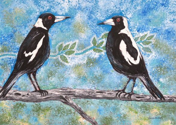 Two magpies sitting on a tree branch.