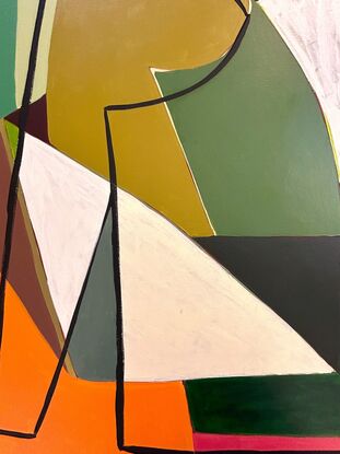 abstract of female form white torso, olive green and dark green body, white triangles orange and pink foreground, pale green background, black highlights